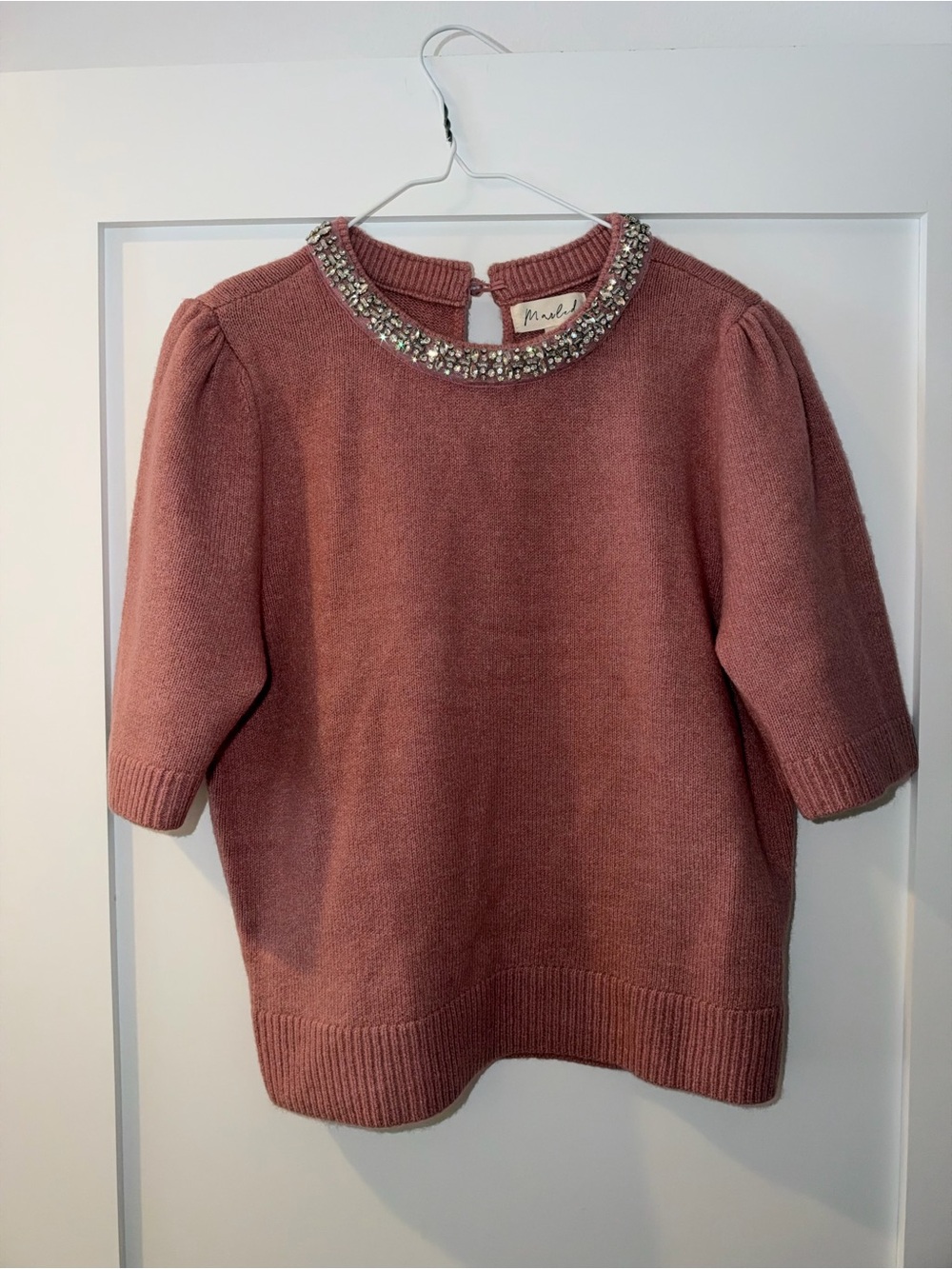 Marled Jeweled Crewneck Short-Sleeve Sweater - Dusty Rose